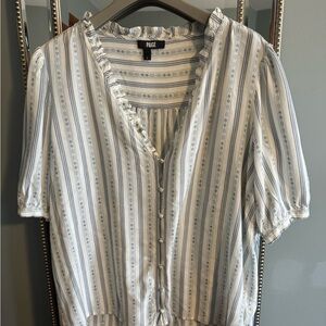 PAIGE Blue and White Vertical Stripe Ruffle Button Blouse